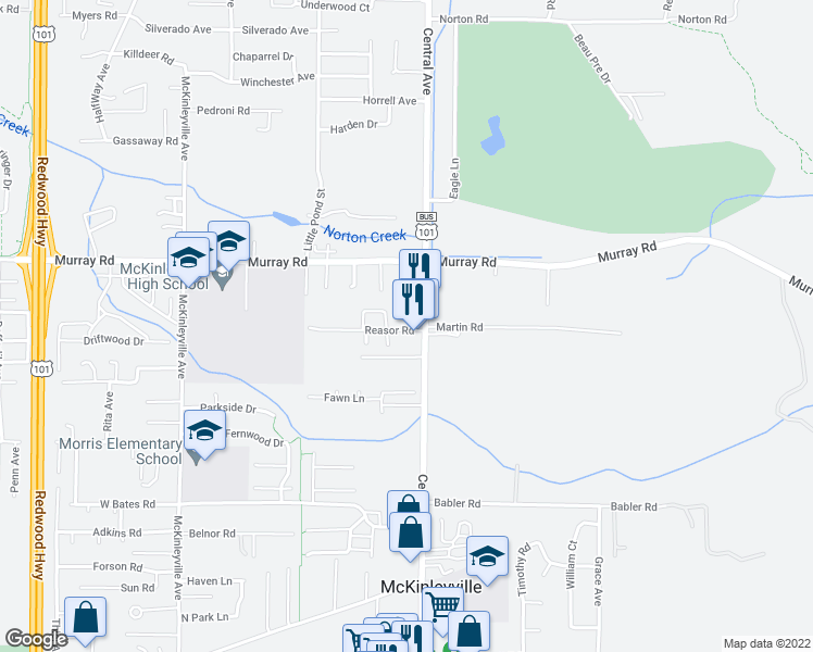 map of restaurants, bars, coffee shops, grocery stores, and more near 1533 Reasor Road in McKinleyville