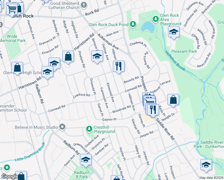 map of restaurants, bars, coffee shops, grocery stores, and more near 175 Elmwood Avenue in Glen Rock