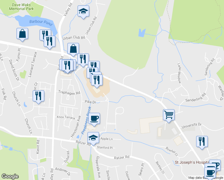 map of restaurants, bars, coffee shops, grocery stores, and more near 4204 Schindler Lane in Wayne