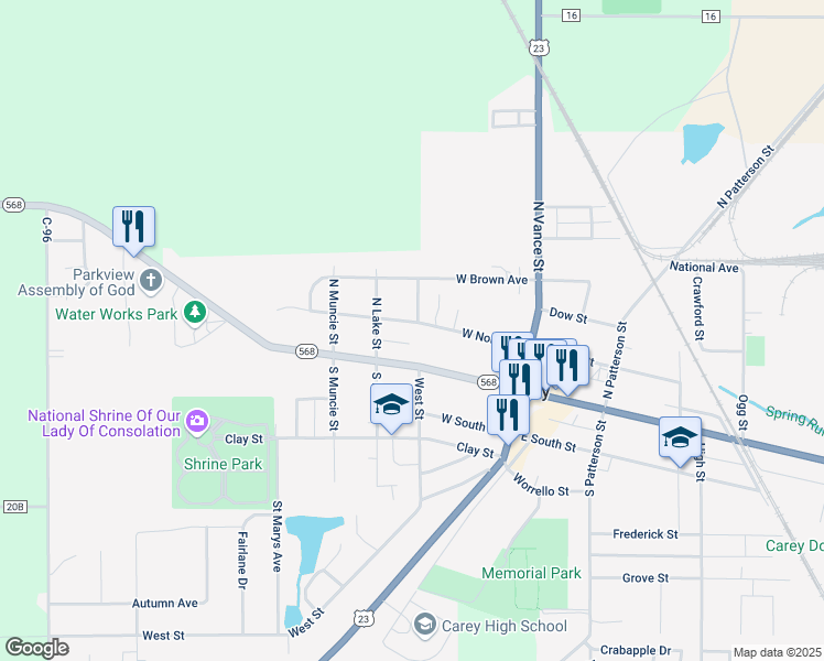 map of restaurants, bars, coffee shops, grocery stores, and more near 329 West North Street in Carey