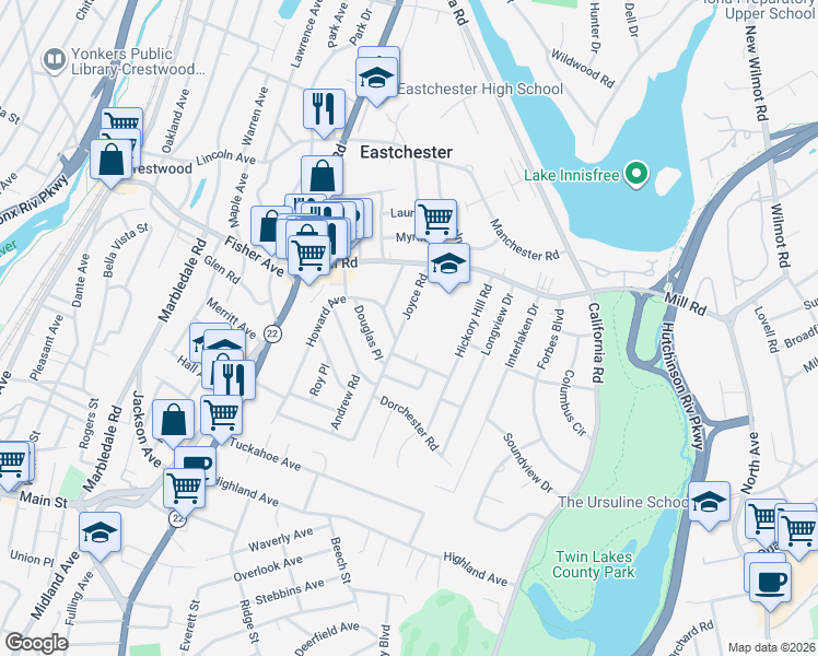 map of restaurants, bars, coffee shops, grocery stores, and more near in Eastchester