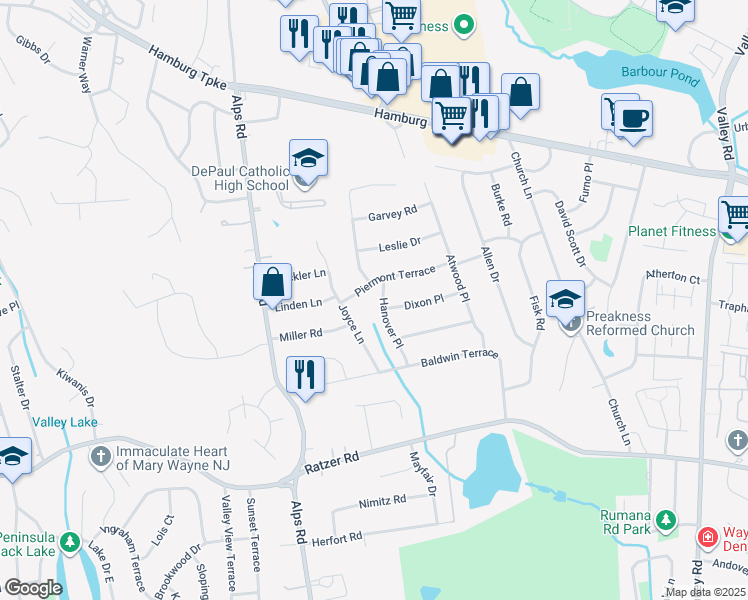 map of restaurants, bars, coffee shops, grocery stores, and more near 37 Hanover Place in Wayne