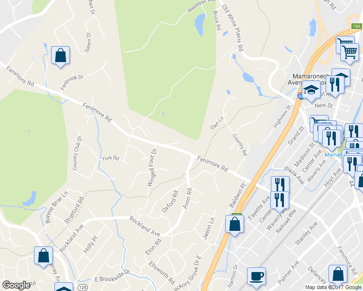 map of restaurants, bars, coffee shops, grocery stores, and more near 1 Poccia Circle in Larchmont