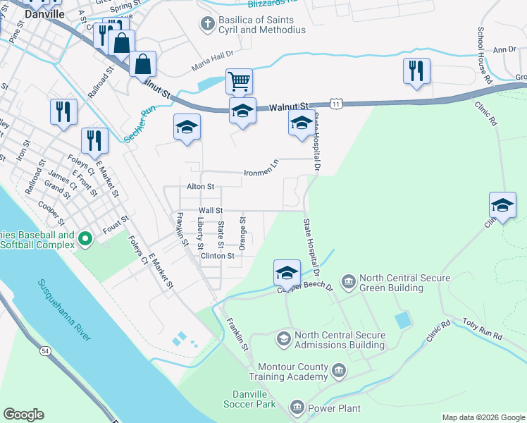 map of restaurants, bars, coffee shops, grocery stores, and more near Oakley St in Danville