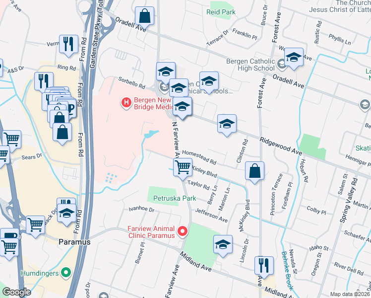 map of restaurants, bars, coffee shops, grocery stores, and more near 524 North Farview Avenue in Paramus
