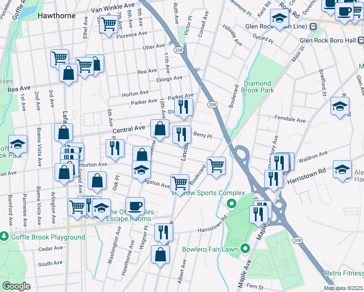 map of restaurants, bars, coffee shops, grocery stores, and more near 354 Lincoln Avenue in Hawthorne