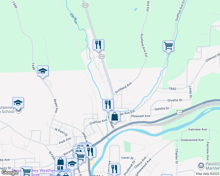 map of restaurants, bars, coffee shops, grocery stores, and more near 310 Elk Run in Punxsutawney
