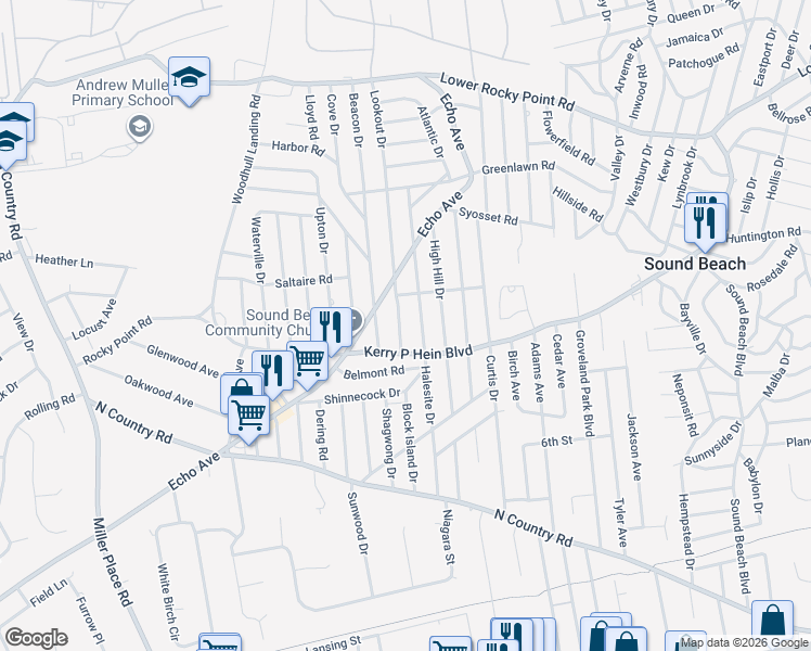 map of restaurants, bars, coffee shops, grocery stores, and more near 15 Lookout Drive in Sound Beach