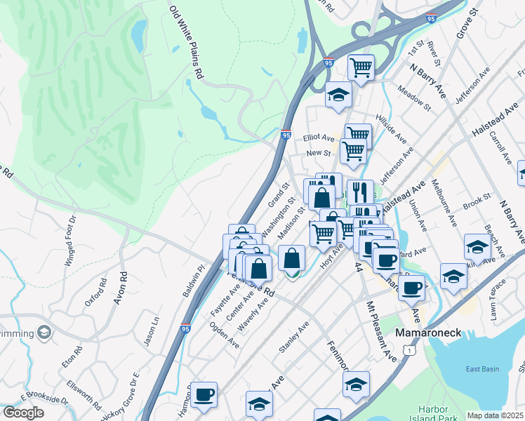 map of restaurants, bars, coffee shops, grocery stores, and more near 201 Grand Street in Mamaroneck