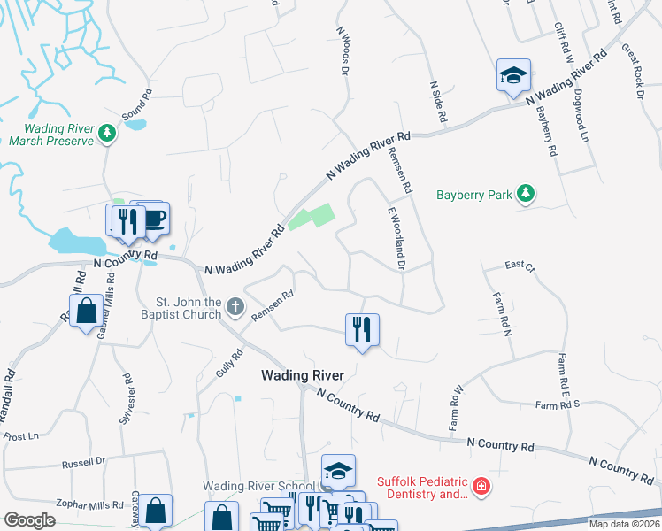 map of restaurants, bars, coffee shops, grocery stores, and more near 33 West Woodland Drive in Wading River