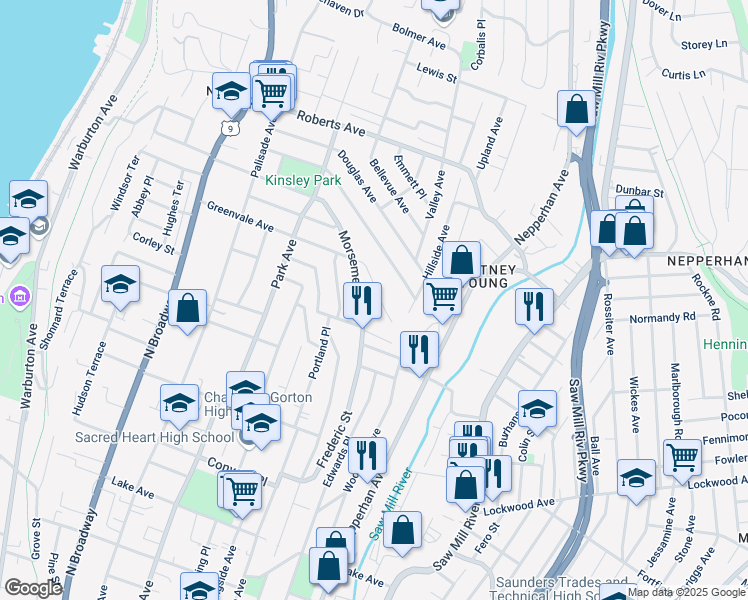 map of restaurants, bars, coffee shops, grocery stores, and more near 180 Greenvale Avenue in Yonkers