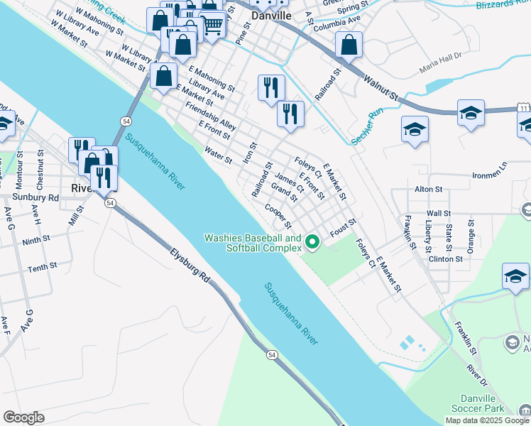 map of restaurants, bars, coffee shops, grocery stores, and more near 660 Cooper Street in Danville