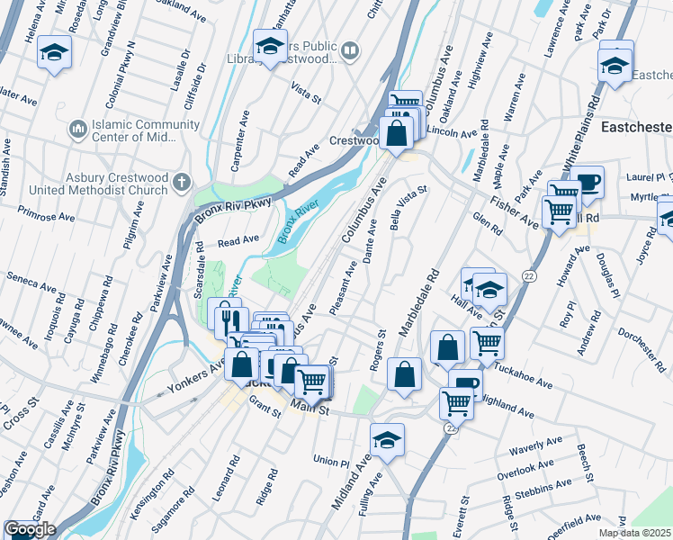 map of restaurants, bars, coffee shops, grocery stores, and more near 140 Columbus Avenue in Tuckahoe