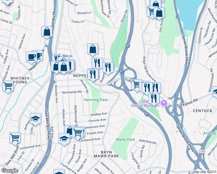 map of restaurants, bars, coffee shops, grocery stores, and more near 1 Howard Place in Yonkers