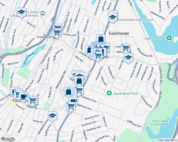 map of restaurants, bars, coffee shops, grocery stores, and more near 369 White Plains Road in Eastchester