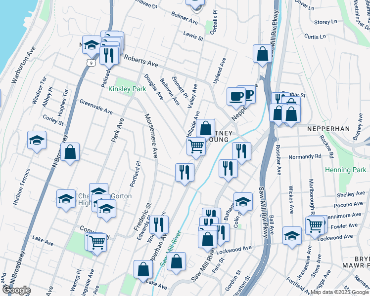 map of restaurants, bars, coffee shops, grocery stores, and more near 226 Chase Avenue in Yonkers
