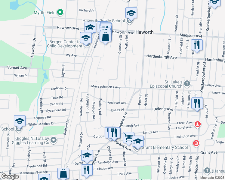 map of restaurants, bars, coffee shops, grocery stores, and more near 129 Stratford Road in Dumont