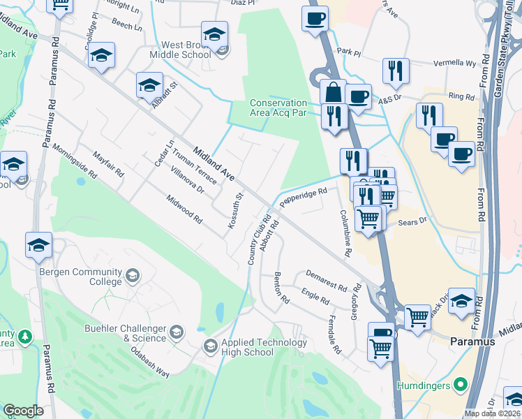 map of restaurants, bars, coffee shops, grocery stores, and more near 106 West Midland Avenue in Paramus