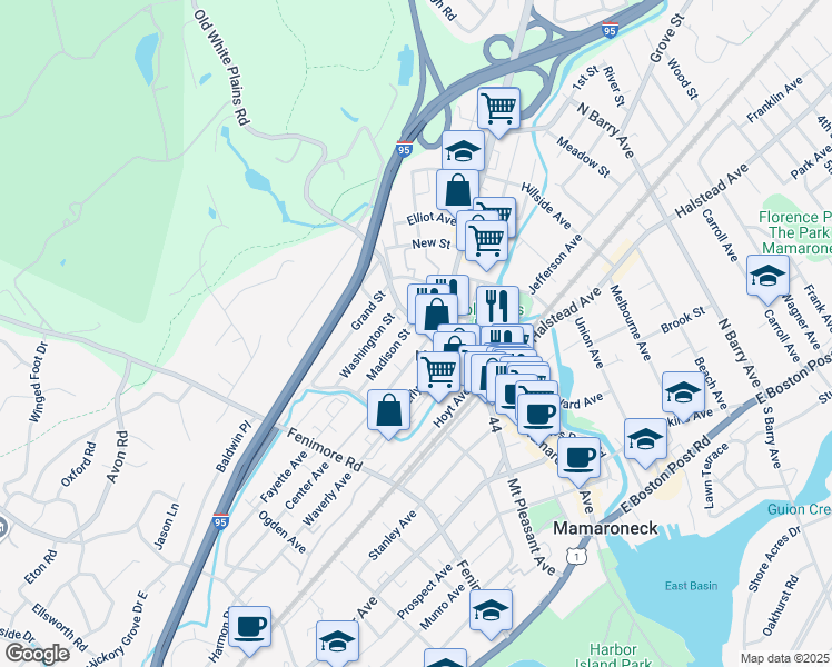 map of restaurants, bars, coffee shops, grocery stores, and more near 664 Old White Plains Road in Mamaroneck