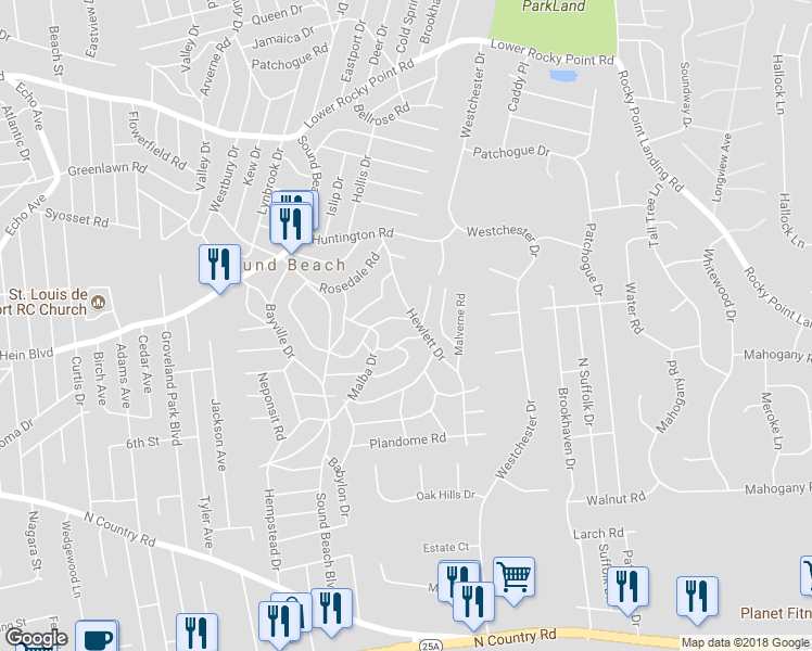 map of restaurants, bars, coffee shops, grocery stores, and more near 6 Southold Road in Sound Beach