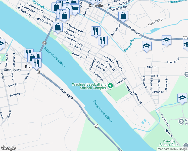 map of restaurants, bars, coffee shops, grocery stores, and more near 660 Cooper Street in Danville