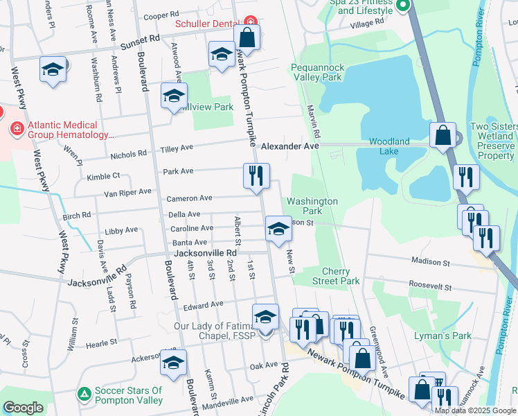 map of restaurants, bars, coffee shops, grocery stores, and more near 2 Della Avenue in Pequannock Township