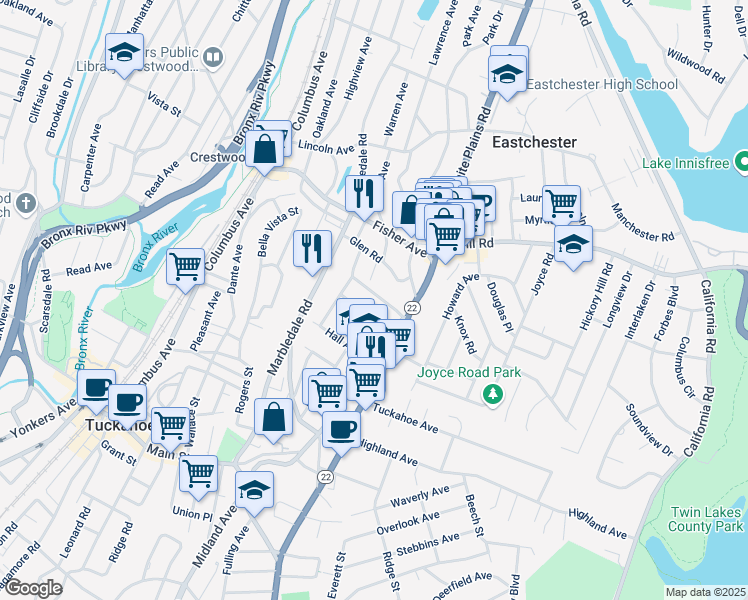 map of restaurants, bars, coffee shops, grocery stores, and more near 28 Merritt Avenue in Eastchester