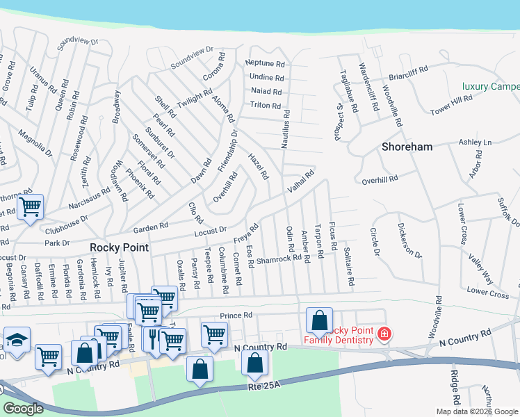 map of restaurants, bars, coffee shops, grocery stores, and more near 402 Locust Drive in Rocky Point