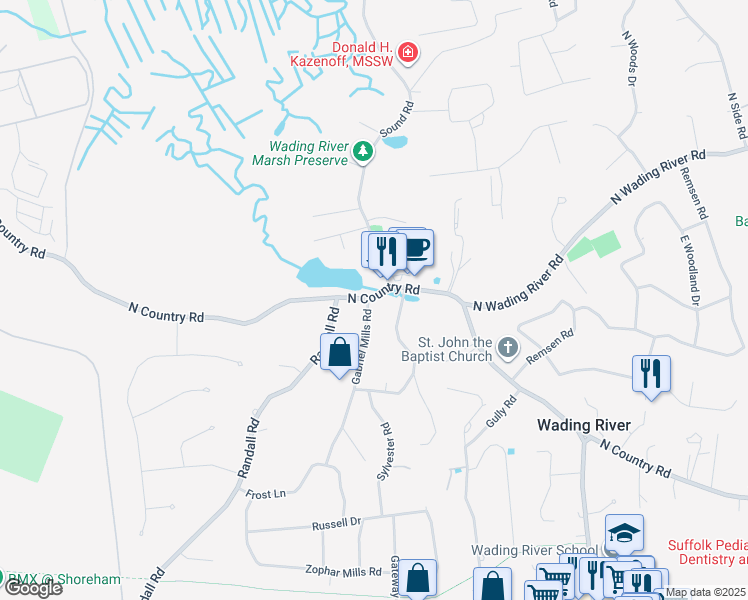 map of restaurants, bars, coffee shops, grocery stores, and more near 1826 North Country Road in Wading River