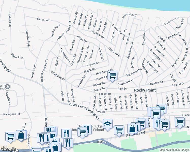 map of restaurants, bars, coffee shops, grocery stores, and more near 9 Hawthorne Road in Rocky Point