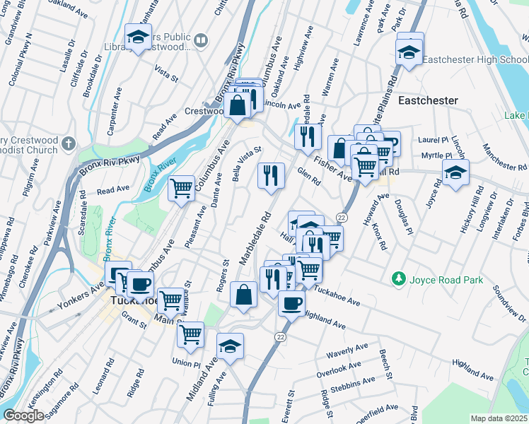 map of restaurants, bars, coffee shops, grocery stores, and more near 135 Marbledale Road in Tuckahoe
