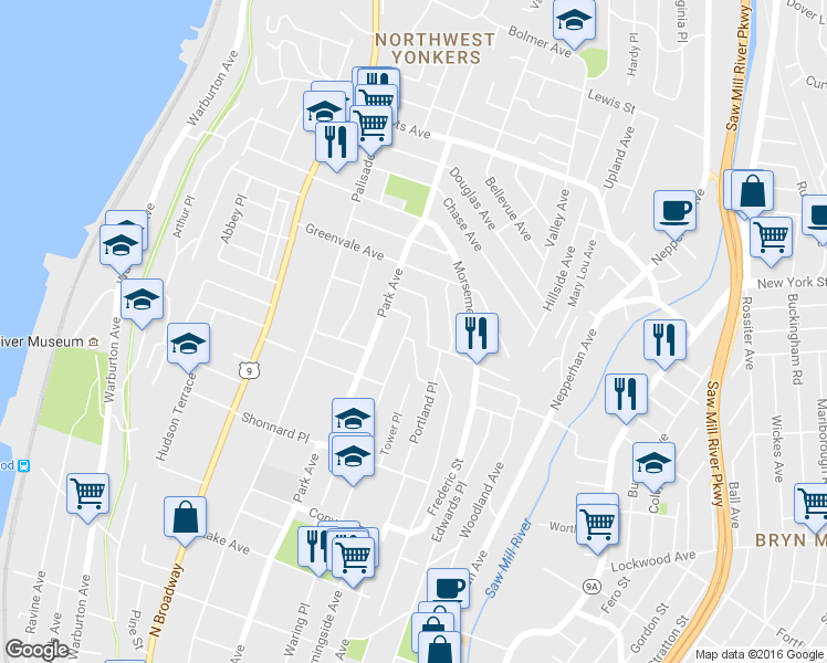 map of restaurants, bars, coffee shops, grocery stores, and more near 5 Kinross Place in Yonkers