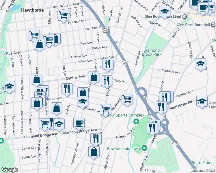 map of restaurants, bars, coffee shops, grocery stores, and more near 360 Lincoln Avenue in Hawthorne