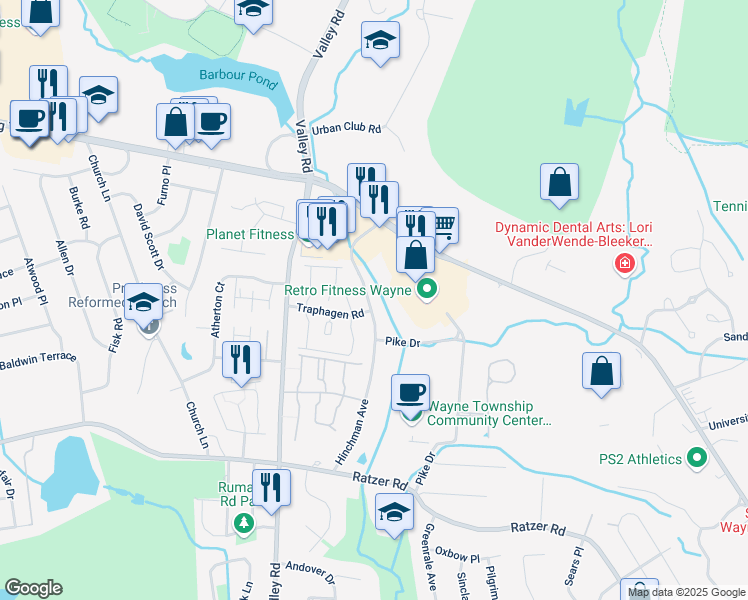 map of restaurants, bars, coffee shops, grocery stores, and more near 86 Hinchman Avenue in Wayne