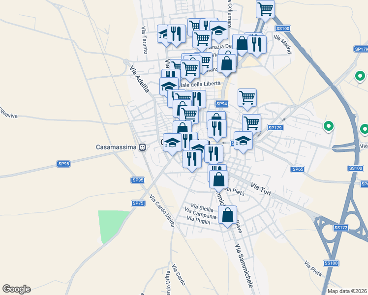 map of restaurants, bars, coffee shops, grocery stores, and more near 38 Piazza Aldo Moro in Casamassima