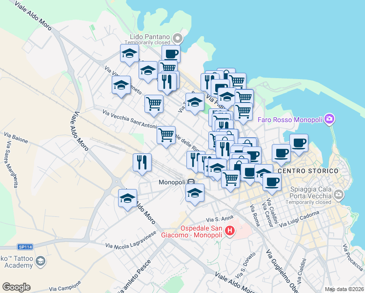 map of restaurants, bars, coffee shops, grocery stores, and more near 38 Via A. Mengano in Monopoli