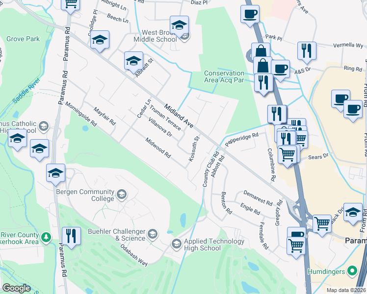 map of restaurants, bars, coffee shops, grocery stores, and more near 146 Villanova Drive in Paramus