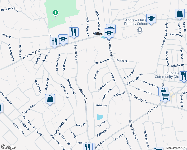 map of restaurants, bars, coffee shops, grocery stores, and more near 17 Rustic Road in Miller Place