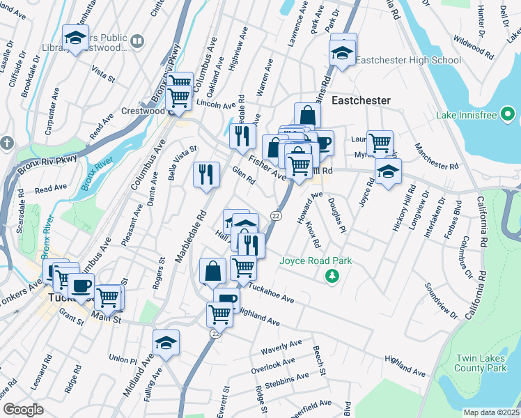 map of restaurants, bars, coffee shops, grocery stores, and more near 28 Merritt Avenue in Eastchester