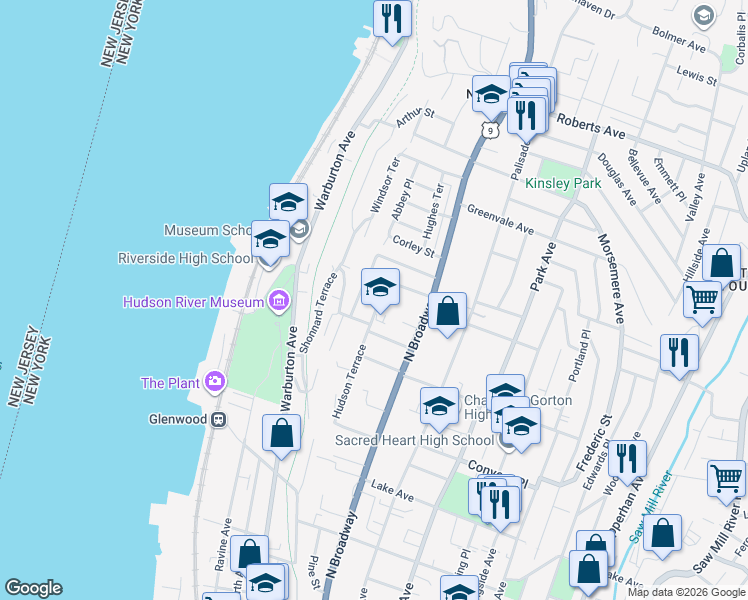 map of restaurants, bars, coffee shops, grocery stores, and more near 190 Hudson Terrace in Yonkers