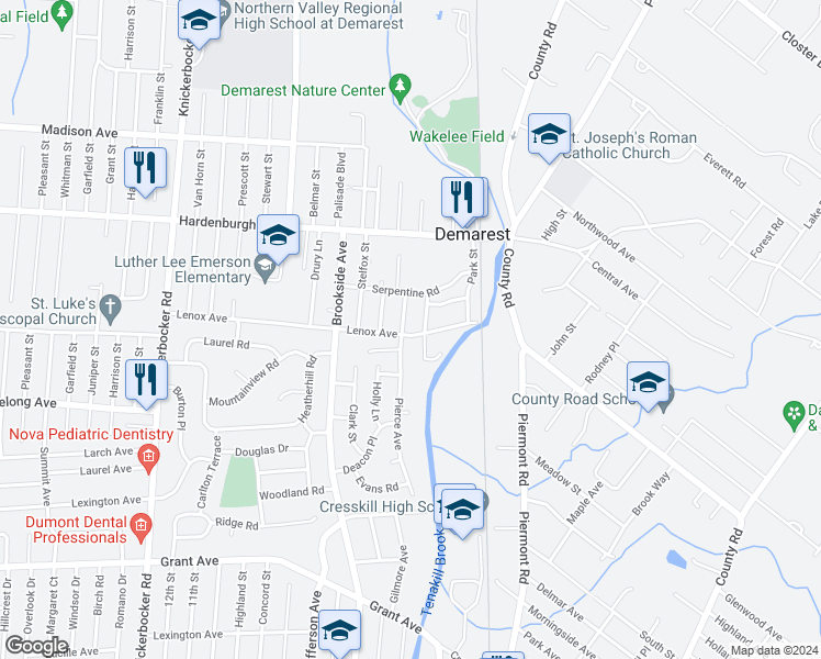 map of restaurants, bars, coffee shops, grocery stores, and more near 13 Blanche Avenue in Demarest