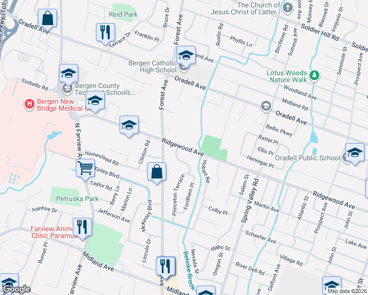 map of restaurants, bars, coffee shops, grocery stores, and more near 428 East Ridgewood Avenue in Oradell