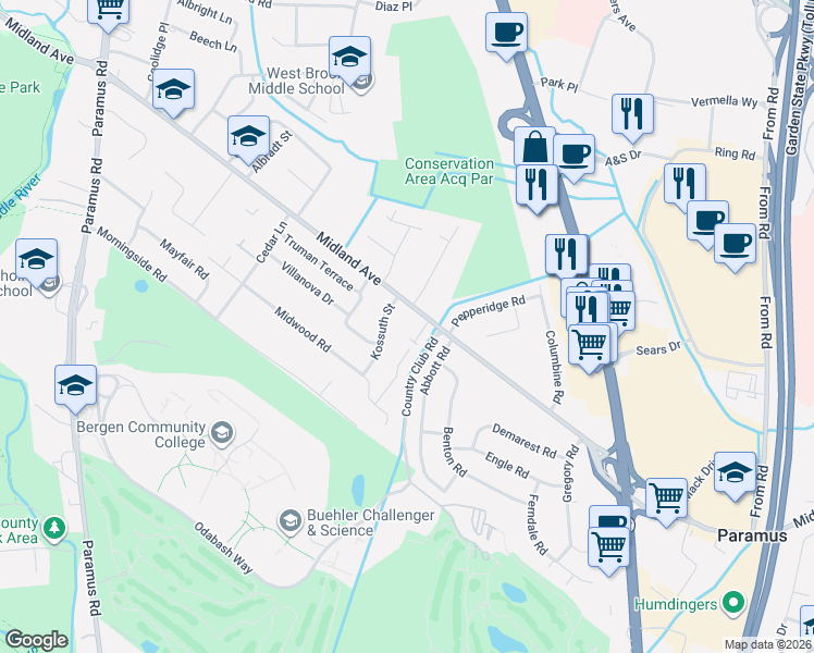map of restaurants, bars, coffee shops, grocery stores, and more near 106 West Midland Avenue in Paramus