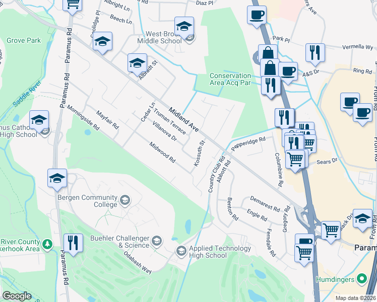 map of restaurants, bars, coffee shops, grocery stores, and more near 146 Villanova Drive in Paramus
