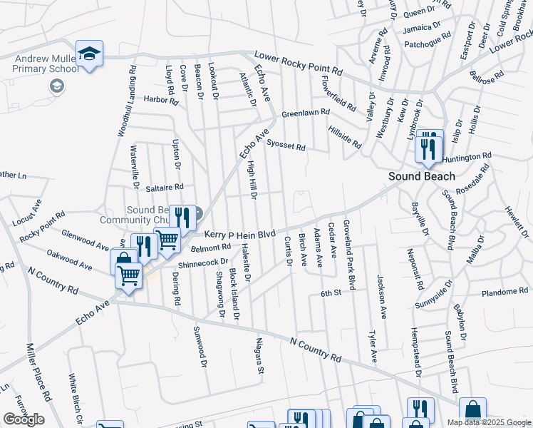 map of restaurants, bars, coffee shops, grocery stores, and more near 86 Curtis Drive in Sound Beach
