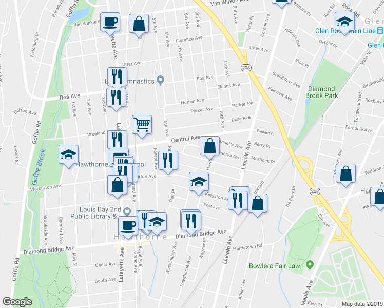 map of restaurants, bars, coffee shops, grocery stores, and more near 39 Frederick Avenue in Hawthorne