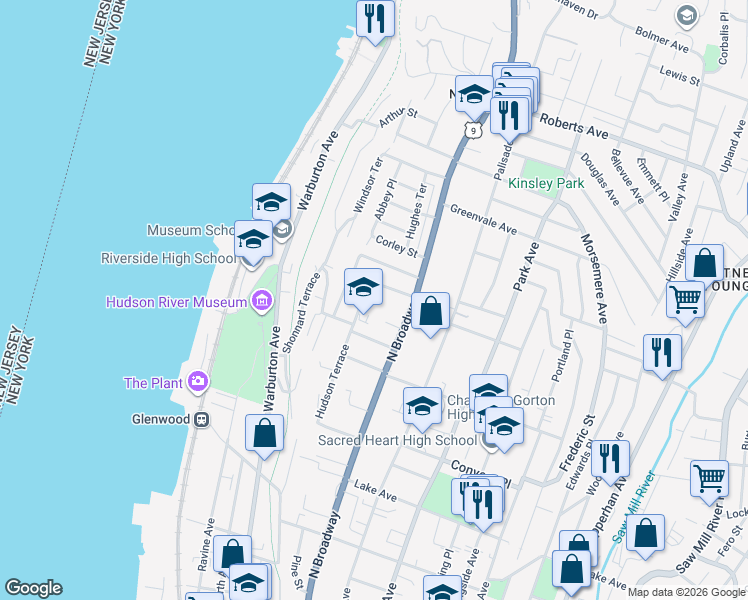 map of restaurants, bars, coffee shops, grocery stores, and more near 190 Hudson Terrace in Yonkers
