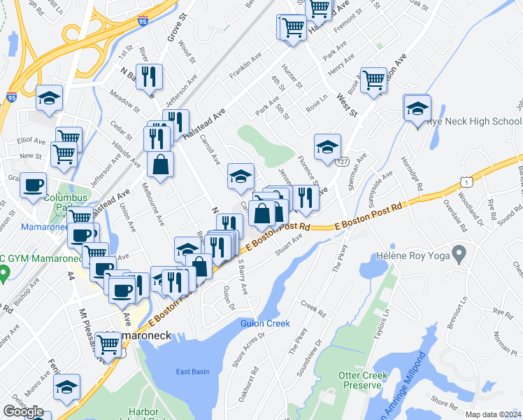 map of restaurants, bars, coffee shops, grocery stores, and more near 130 Wagner Avenue in Mamaroneck
