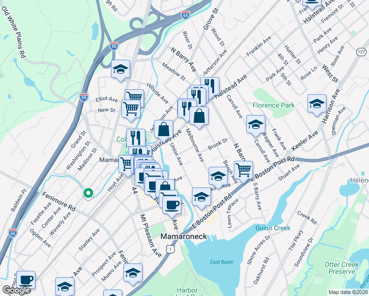 map of restaurants, bars, coffee shops, grocery stores, and more near 416 Hinman Place in Mamaroneck