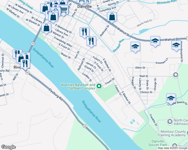 map of restaurants, bars, coffee shops, grocery stores, and more near 760 Grand Street in Danville